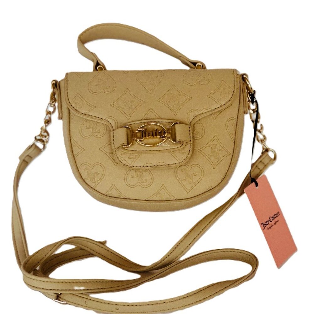 Juicy Couture Beige Embossed Logo Crossbody Bag with Gold Buckle Accent